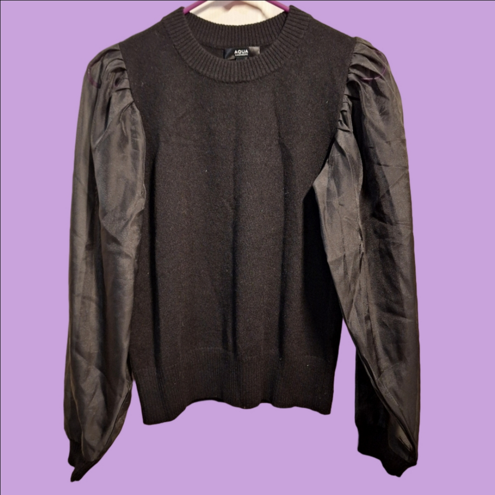 Aqua Cashmere Black Puff Sleeve Sweater XS
